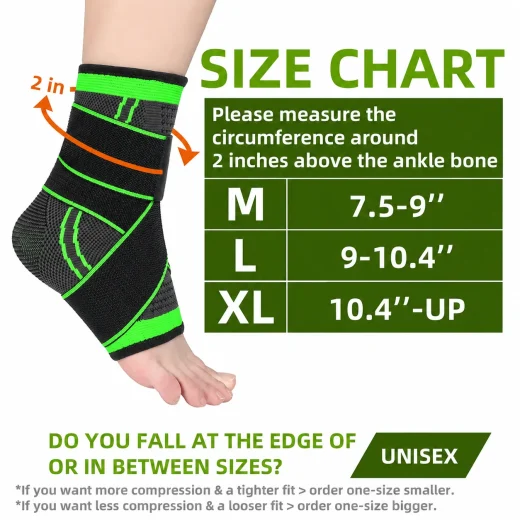 Size guide for black and green ankle brace measured 5cm above the ankle bone