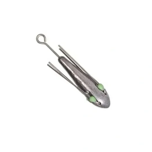 Suckerme 3oz Breakaway Sinker with silver lead body, wire prongs and green glow beads on a white background