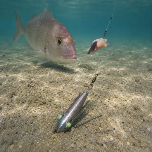 Suckerme 6oz grapnel sinker holding a baited fishing rig on sandy seabed underwater