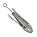 Suckerme 6oz grapnel sinker with silver lead body, wire spikes and green glow beads on a white background