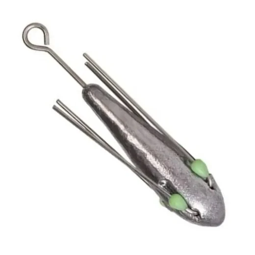 Suckerme 6oz grapnel sinker with silver lead body, wire spikes and green glow beads on a white background