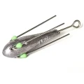 Suckerme 7oz break away sinker with silver lead body, wire spikes and green glow beads on a white background