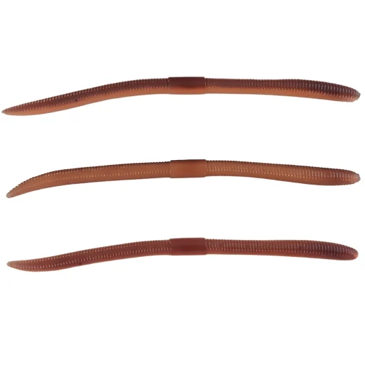 Three earthworm lures showing dark brown upper colouring and lighter brown undersides
