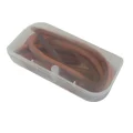 Translucent closed box holding a pack of brown earthworm softbait fishing lures