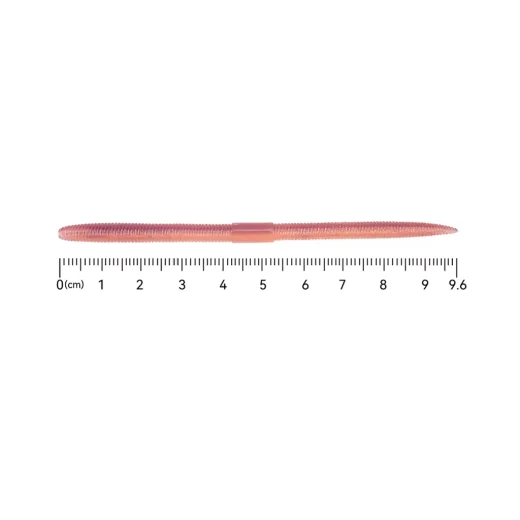 Two-tone earthworm lure beside a centimetre scale showing its 96 mm length