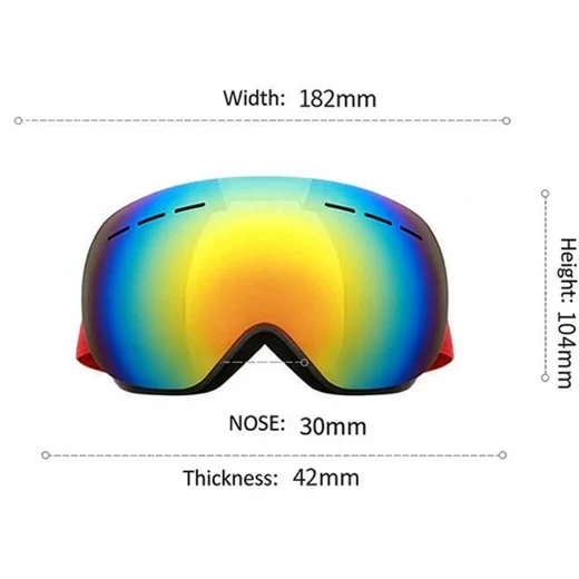 rainbow tint snow goggles dimensions showing 182mm width, 104mm height, 42mm thickness and 30mm nose opening
