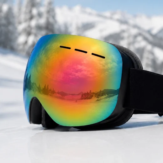 raindow tint snow goggles shown at an angle on snow with a black head strap