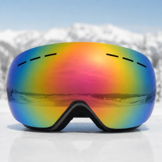 front view of rainbow lens snow goggles against a snowy mountain background