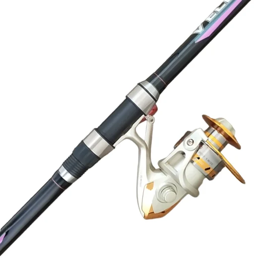 side view of surfcasting rod and reel combo with spinning reel attached to rod