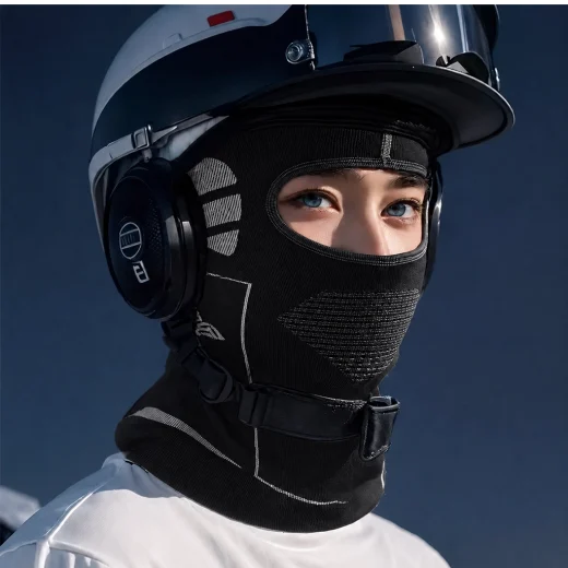 Balaclava mask worn under a ski helmet with full face and neck coverage
