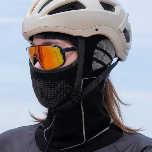 Balaclava mask worn with a cycling helmet and sports glasses