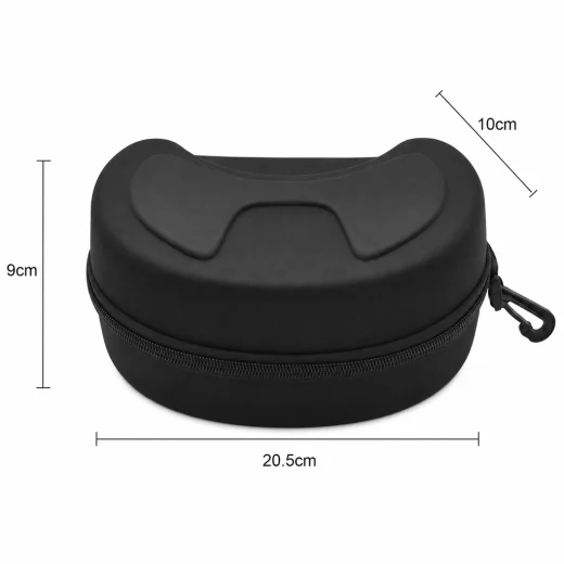Black kids Ski Goggle Case showing dimensions of approximately 20.5 cm wide, 10 cm deep and 9 cm high