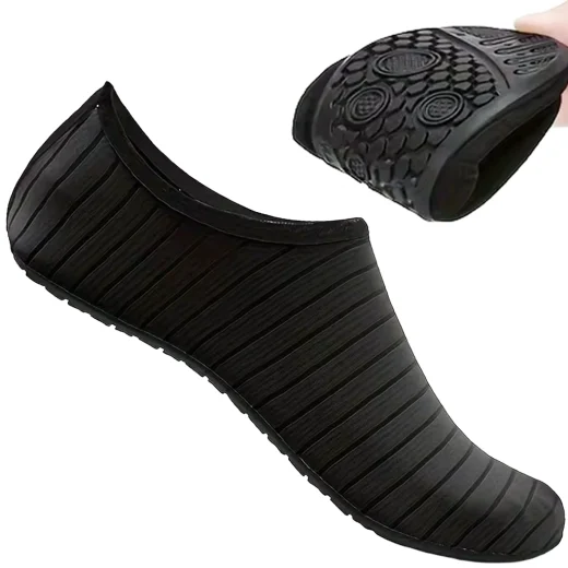 Black water shoes beside a close-up view of the textured rubber sole