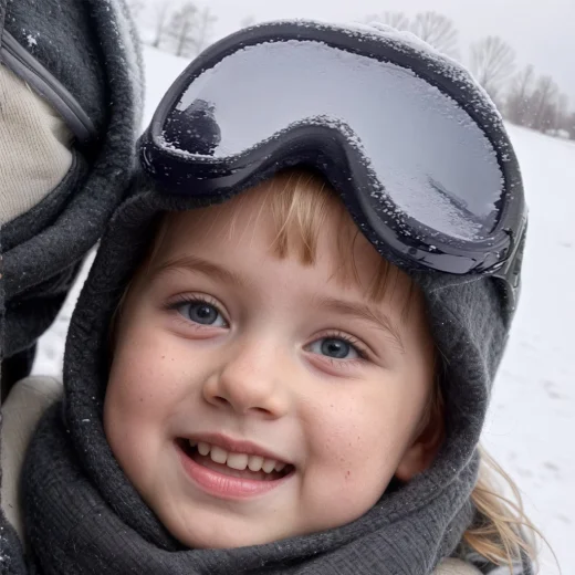 Child wearing black childrens ski goggles with a grey lens during a snowy outdoor trip