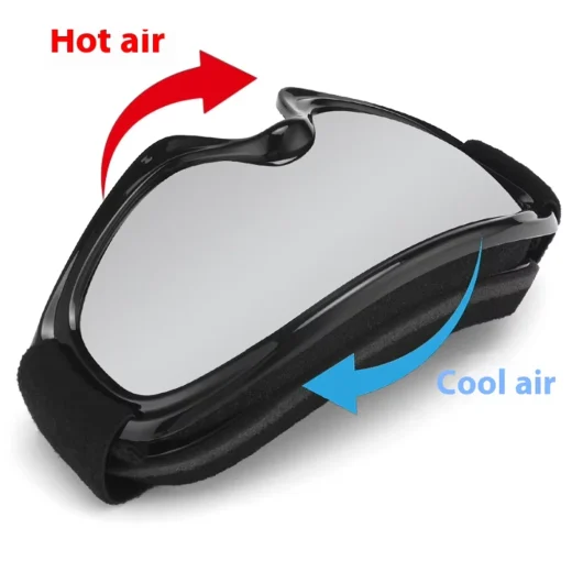 Childrens ski goggles ventilation diagram showing cool air entering and warm air escaping