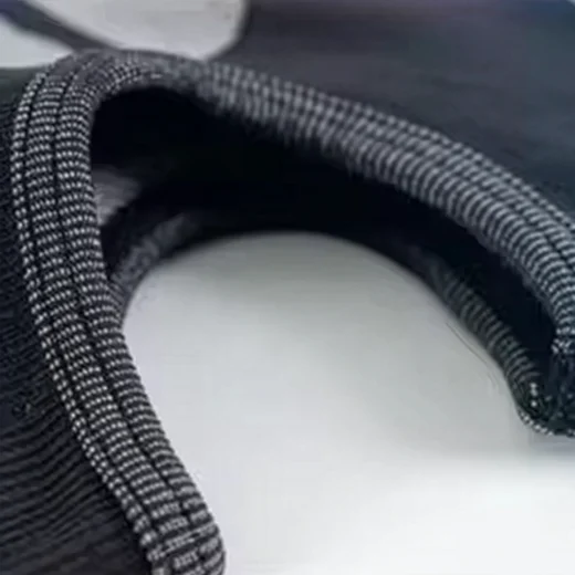 Close view of the stretch knitted edging and construction of the balaclava mask