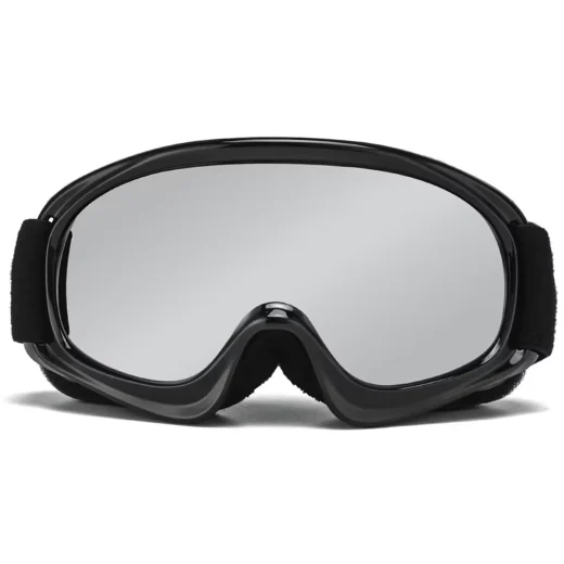 Front view of black kids ski goggles with a wide grey-tint polycarbonate lens