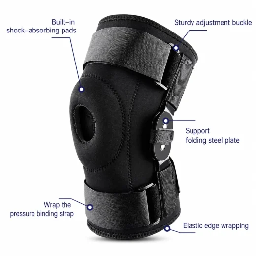 Hinged knee brace showing built-in padding adjustable straps steel side plate and elastic edging