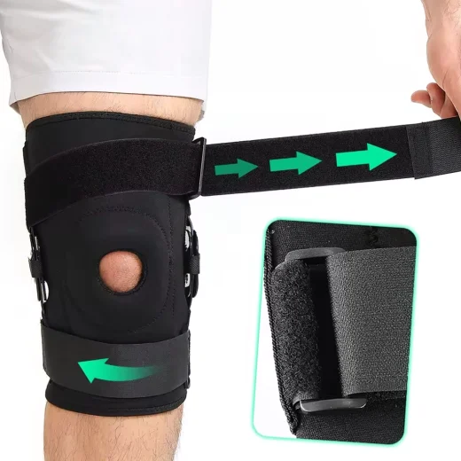 Hinged knee brace showing the wide adjustable hook-and-loop straps around the thigh and lower leg
