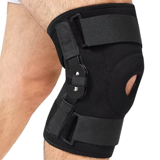 Hinged knee brace worn around the knee with adjustable upper and lower straps and steel side support