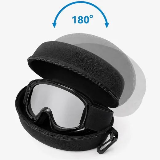 Kids Ski Goggle Case showing wide opening design with ski goggles inside and attachment hook