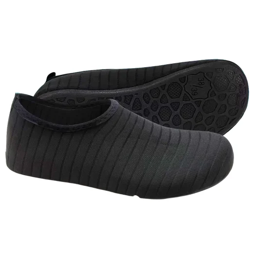 Pair of black water shoes with flexible low-cut uppers for beach and water use