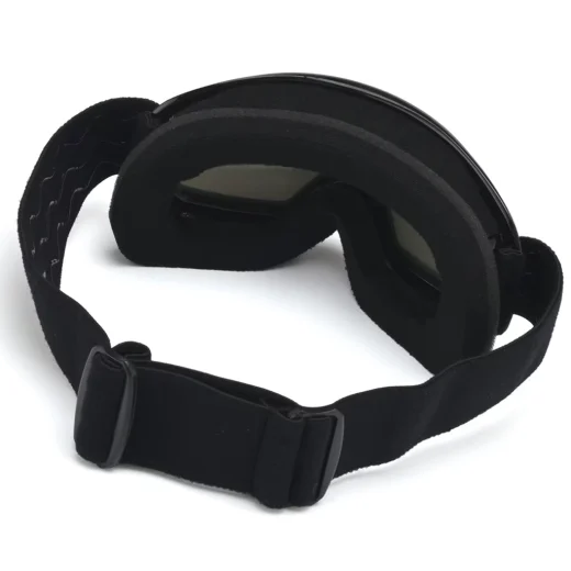 Rear view of kids ski goggles showing foam lining and an adjustable black elastic strap