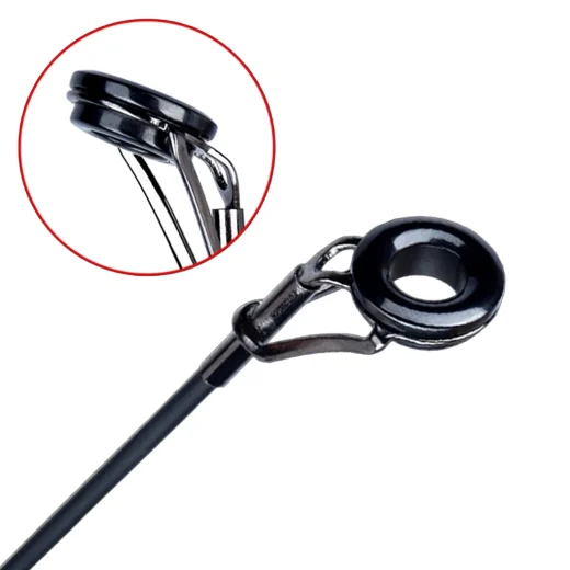 Close-up of the PHISHGER surfcasting rod tip guide and guide insert