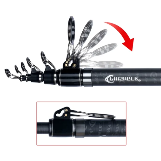 Close-up of the PHISHGER telescopic surfcasting rod showing the folding guide arrangement near the upper sections