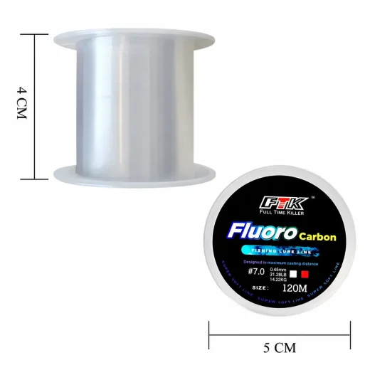 FTK 31.28LB fluorocarbon coated leader line showing the 120m spool with 4cm height and 5cm diameter measurements