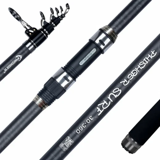 PHISHGER 3.6m surfcasting rod showing the telescopic guides reel seat carbon blank and EVA handle