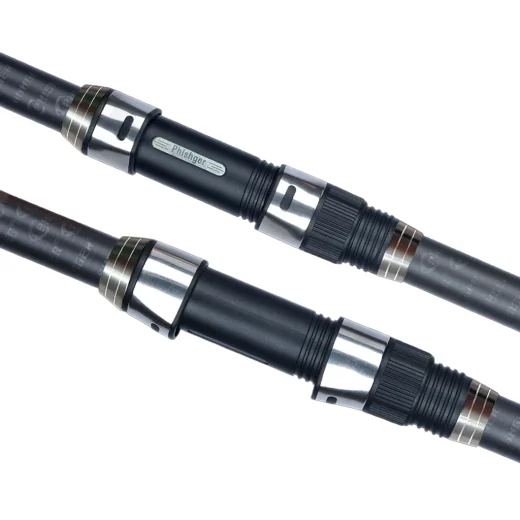 PHISHGER 4.2m surfcasting rod showing the black and silver spinning reel seat and carbon rod blank