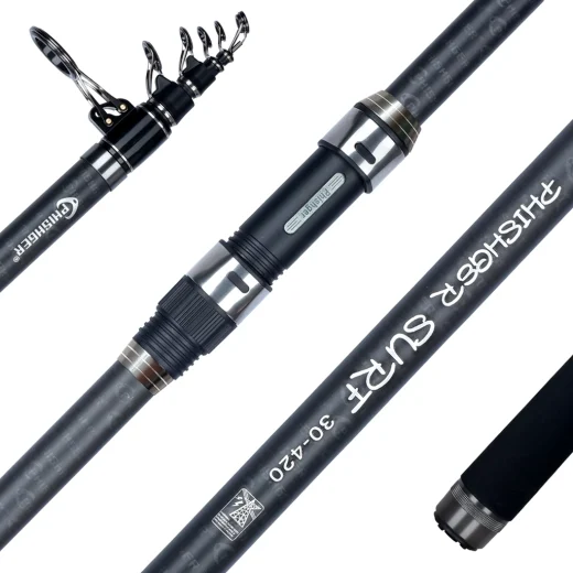 PHISHGER 4.2m telescopic surfcasting rod showing the extended guide sections reel seat and EVA handle
