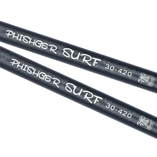 PHISHGER Surf T30 4.2m surfcasting rod showing the 30T carbon rod blank markings