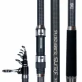 PHISHGER telescopic surfcasting rod showing the reel seat guide sections carbon blank and EVA handle