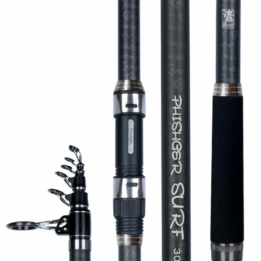 PHISHGER telescopic surfcasting rod showing the reel seat guide sections carbon blank and EVA handle