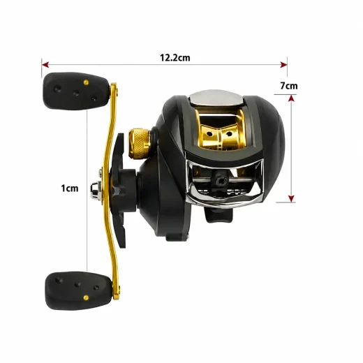 Black and gold baitcasting reel with measurement arrows showing overall dimensions
