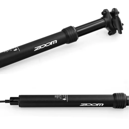 Black dropper seatpost showing the shaft and saddle clamp
