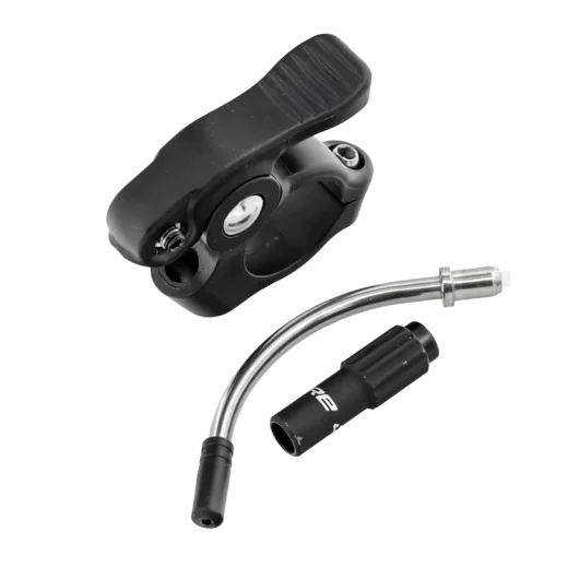 Close-up of black handlebar remote and cable adjustment fittings